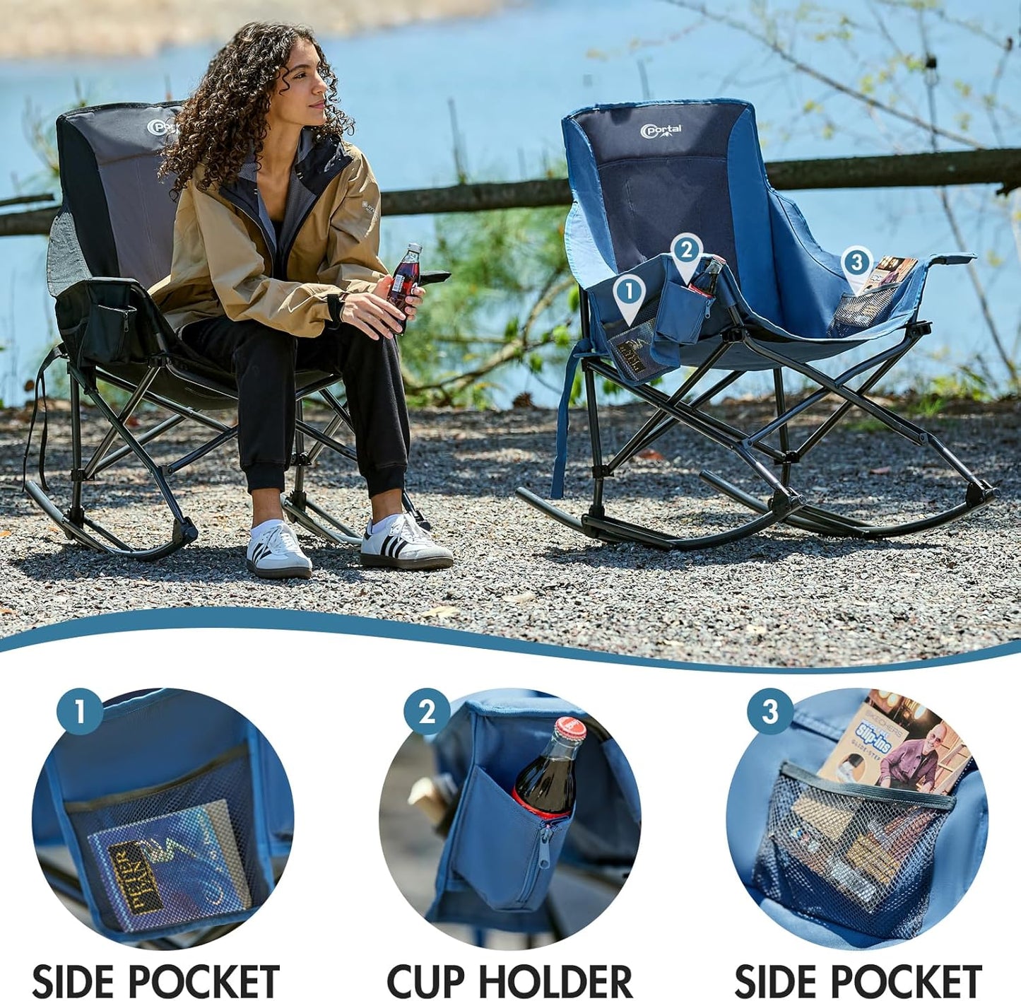 Portal Outdoor Rocking Chair - Portable Camping Rocker with Cup Holder & Side Pocket | Supports 350LBS, Blue