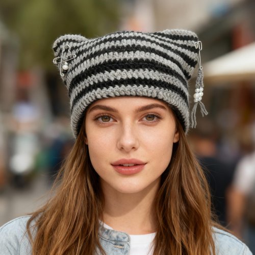 Hshsclth Cat Ear Crochet Beanie Hat Y2K Style with DIY Accessories Goth Knit Hat for Women Girls (US, Alpha, One Size, Black and Grey Stripe)