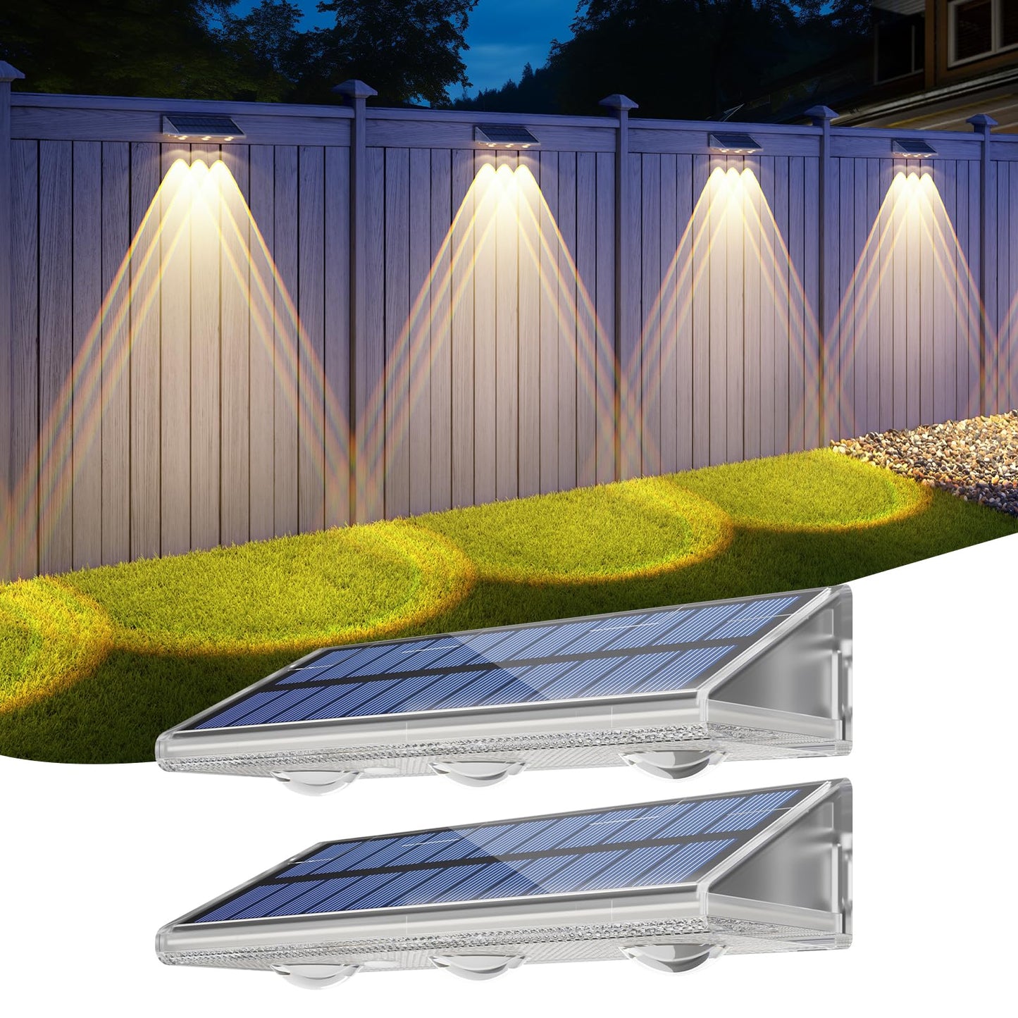 YiLaie Solar Fence Lights Outdoor 3000K/4500K/6500K 3 Mode, IP67 Waterproof Fence Solar Lights Outdoor,2000mAh Solar Powered Fence Light for Outside Backyard/Step/Patio/Deck/Stair Railings (2 Pack)