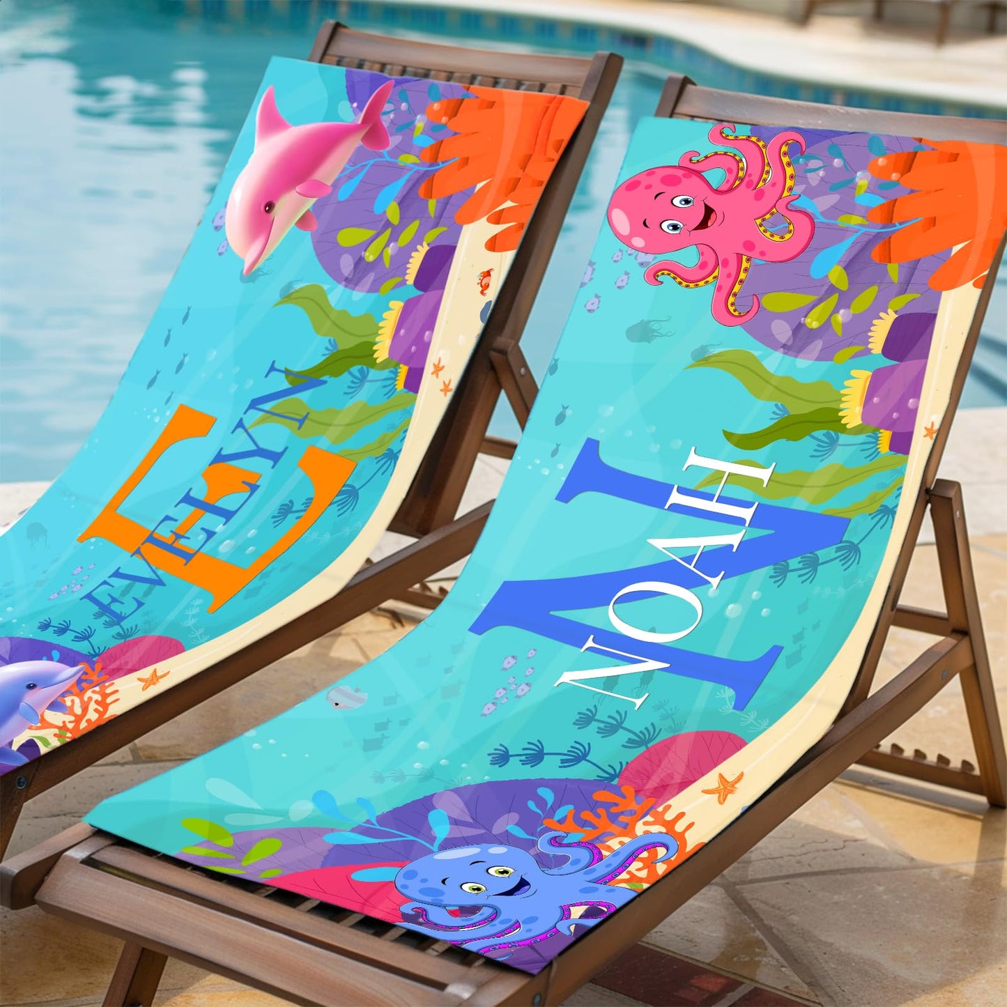 WNNNS Personalized Beach Towels for Kids, Kids Beach Towel with Name for Boys Girls Oversized Quick Dry Sand Free Soft Cotton/Poly Blend Bath Pool Swim Towel for Vacation Customized Summer Travel Gift