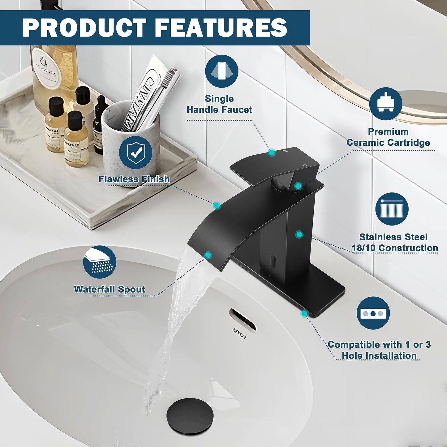 Touchless Bathroom Sink Faucet, Herogo Automatic Sensor Matte Black Waterfall Stainless Steel Bathroom Faucet with Brass Pop Up Drain for Vanity RV Lavatory Farmhouse