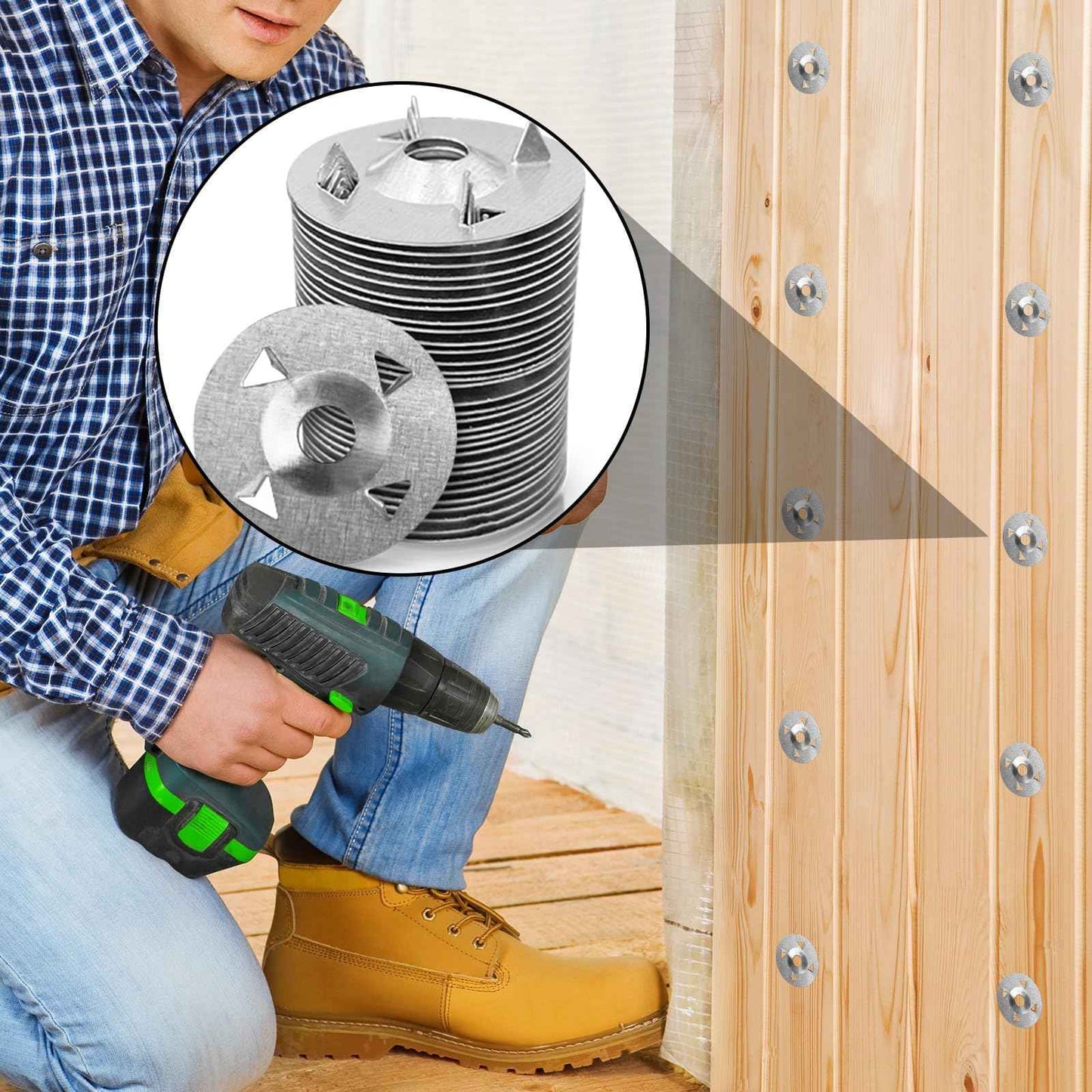 500Pcs Fasteners Washers for Foam Board Panels, 1-1/8 Inch Metal Washers for Insulation Fixing Hardware with Cut Resistant Gloves