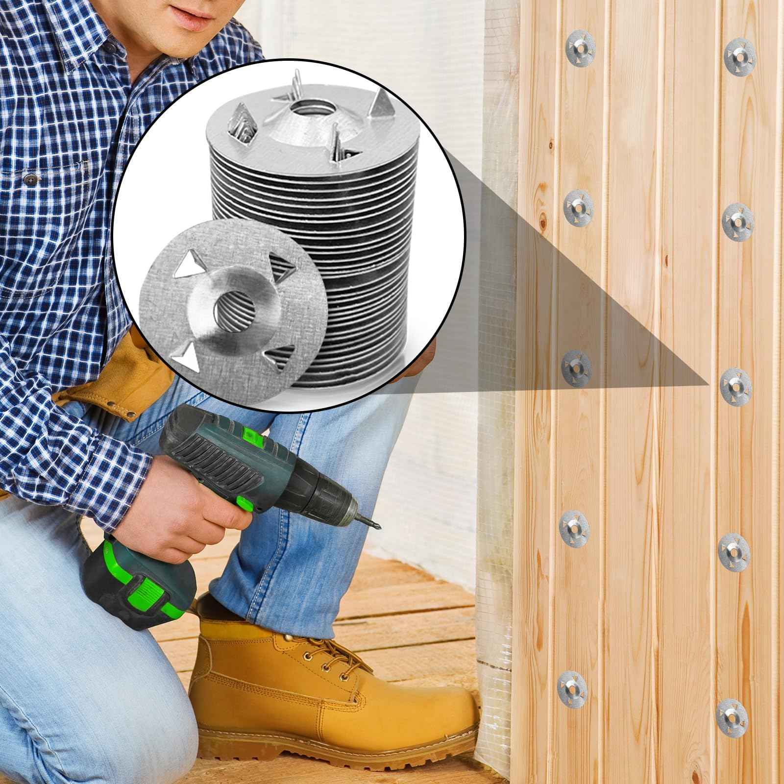 500Pcs Fasteners Washers for Foam Board Panels, 1-1/8 Inch Metal Washers for Insulation Fixing Hardware with Cut Resistant Gloves