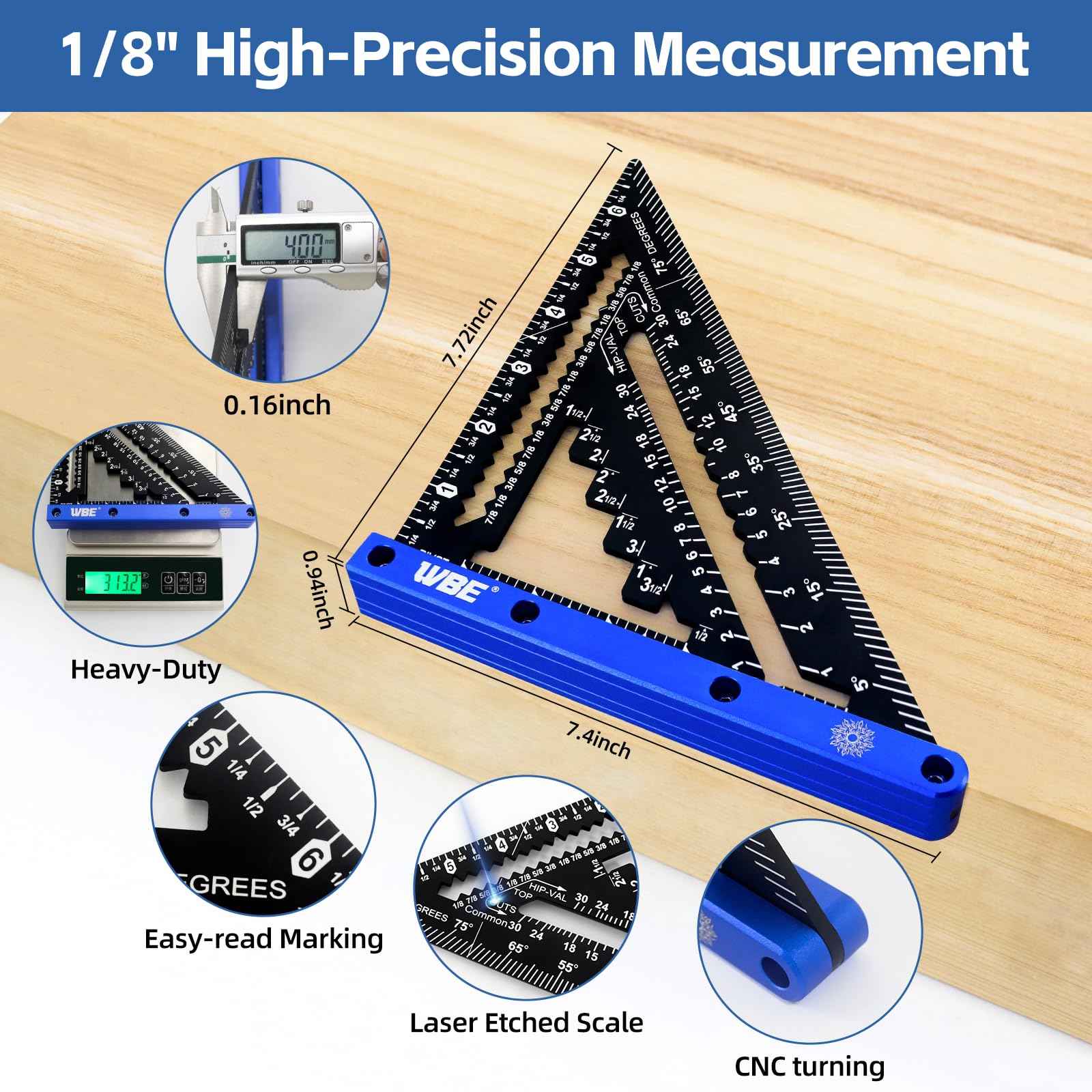 7inch Rafter Square with Carpenter Pencil, 1/8" Precision Heavy Duty Aluminum Woodworking Rule,Laser Etched Scale, Triangle-Ruler Measuring Layout Tool -Blue (Blue & Black)
