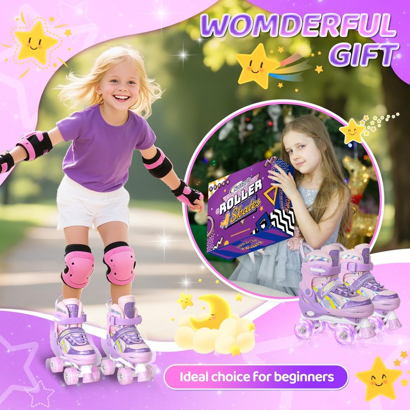 Nattork Kids Roller Skates for Girls, 4 Size Adjustable Rainbow Quad Skates with All Light Up Wheels - Best Birthday Gift for Outdoor Sports