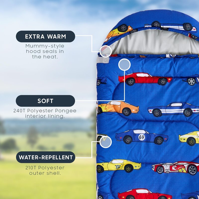Wake In Cloud - Kids Sleeping Bag for Boys Toddlers, Camping in Warm Cold Weather, Backpacking Lightweight Compact Outdoor Liner for 3 Seasons, Race Cars Vehicles, Blue
