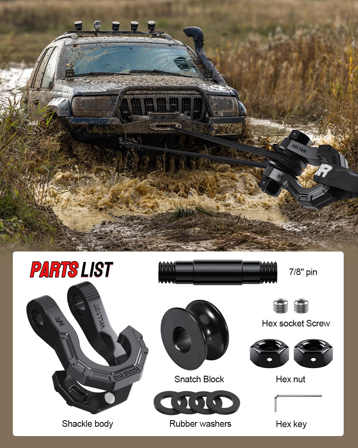 DAYDOOR D Ring Shackles with Snatch Block, 45,000Lbs Break Strength Towing Winch Shackle, 3/4" Heavy Duty Shackles with 7/8" Screw Pin for Off Road Vehicle Recovery(2 Pack, Black)