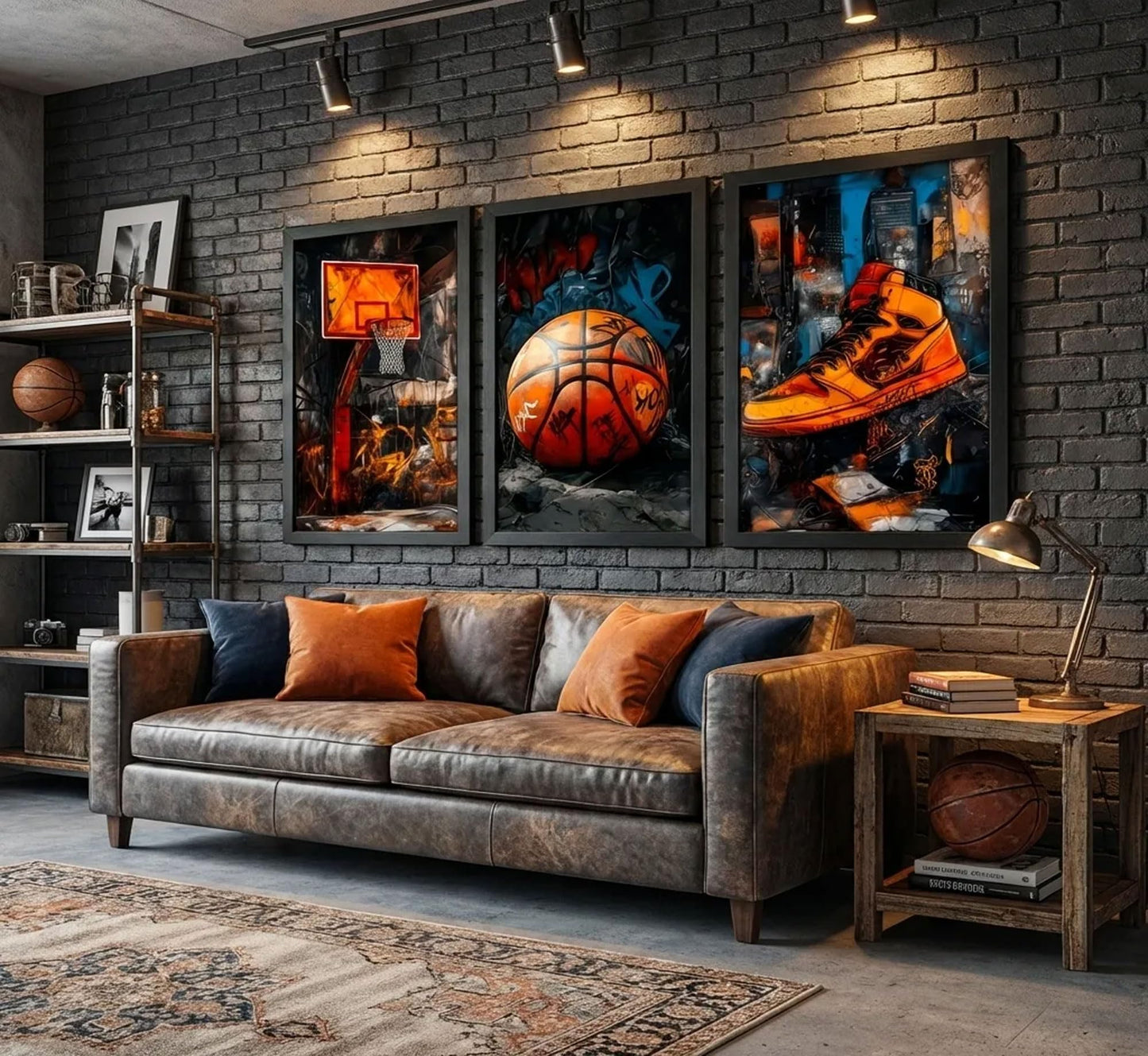 3Pcs Black Solid Wood Frame Graffiti Basketball Canvas Wall Art 12x16in