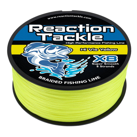 Reaction Tackle Braided Fishing Line - Pro Grade Power Performance for Saltwater or Freshwater Fish - Colored Fishing Line Braid for Extra Visibility - X8 Hi Vis Yellow 15 Lb (150 Yards)