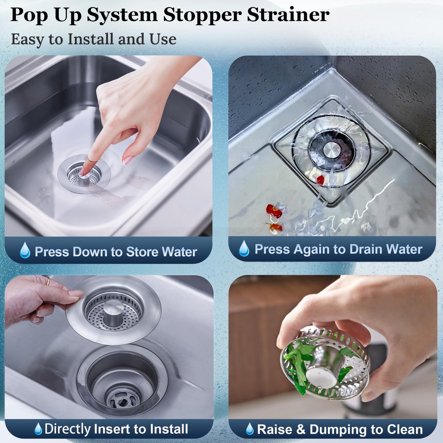 3 in 1 Kitchen Sink Drain Strainer Pop up Sink Stopper,Durability Stainless Steel Anti-Clogging Strainer Basket Odor Prevention Plug Stopper for US Standard 3-1/2” Drain