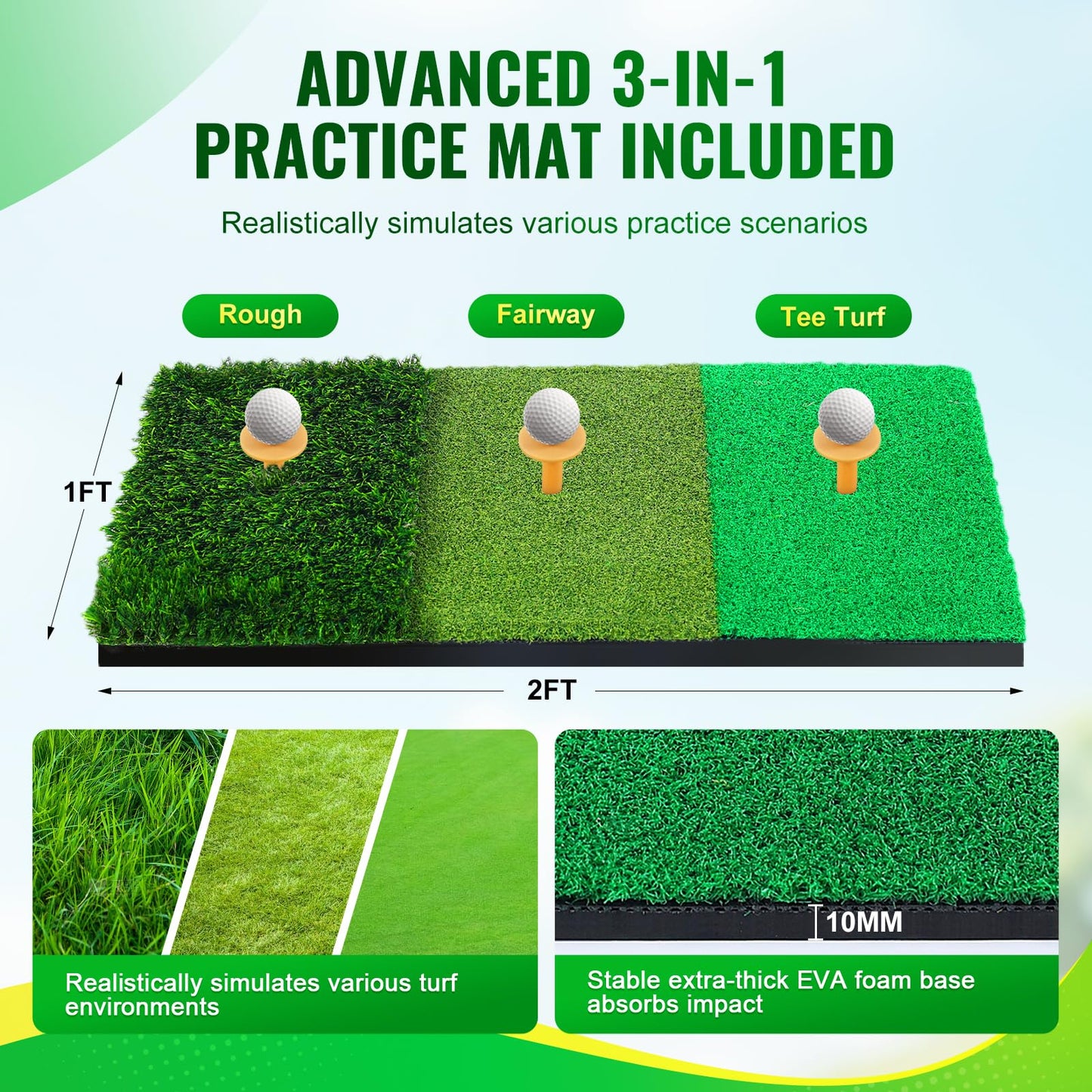 Golf Net 10x7ft, Golf Practice Net for Backyard with 5 Target Holes & Bullseye All-in-One Golf Hitting Net Kit with 3-Turf Mat for Indoor/Outdoor Swing & Chipping Training (10x7ft)