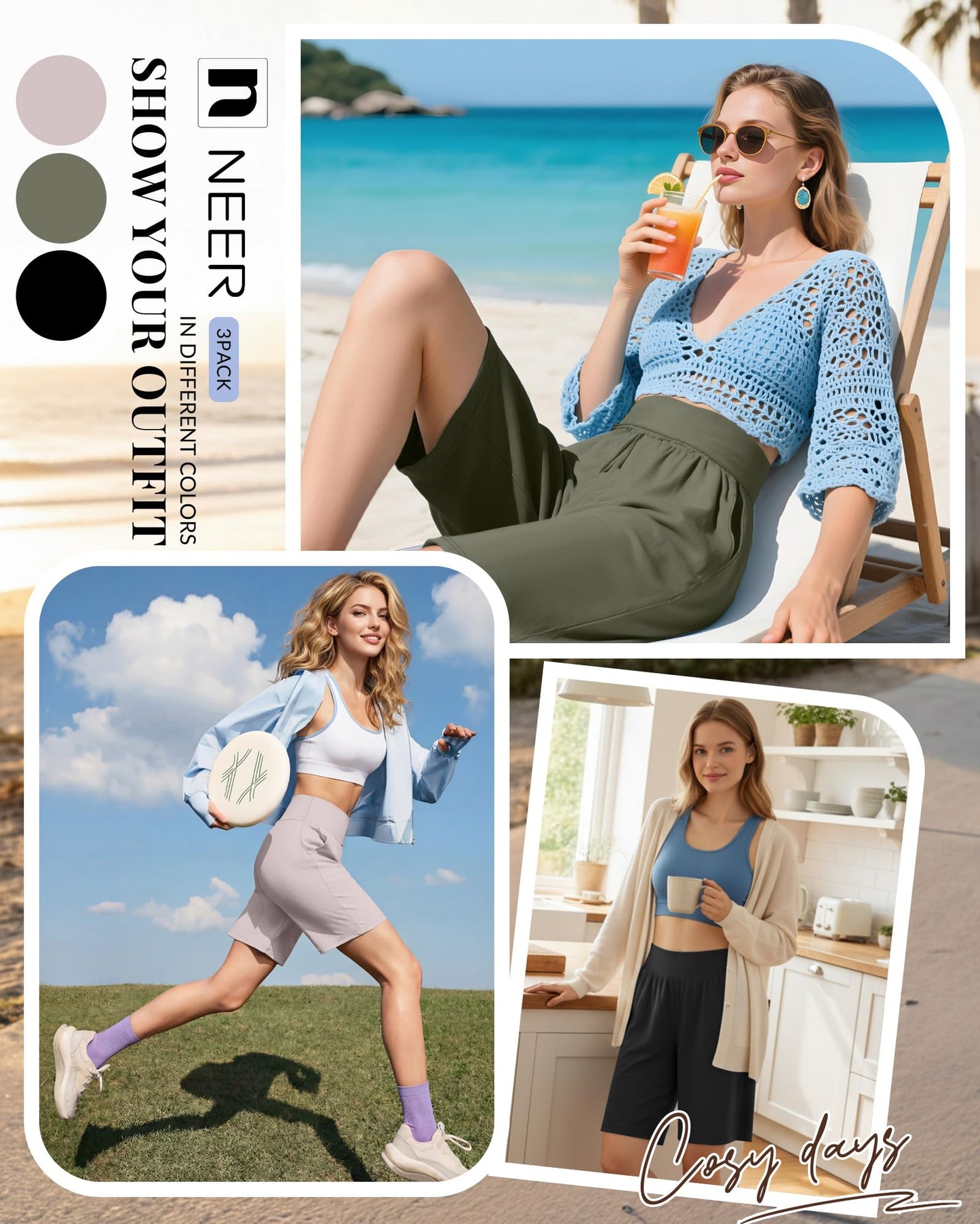 Neer 3 Pack Women's Bermuda Shorts, High Waist Basic Stretch Casual Bottoms Knee Length Summer Athletic Short with Pockets(Black, Army Green, Light Khaki,Medium)