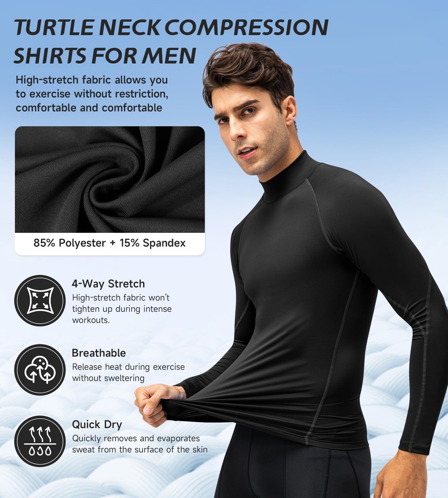 OVIYEGAIN Black Compression Shirt Men Long Sleeve Turtleneck Base Layer Tops Athletic Dry Fit Sports Running Gym Undershirts