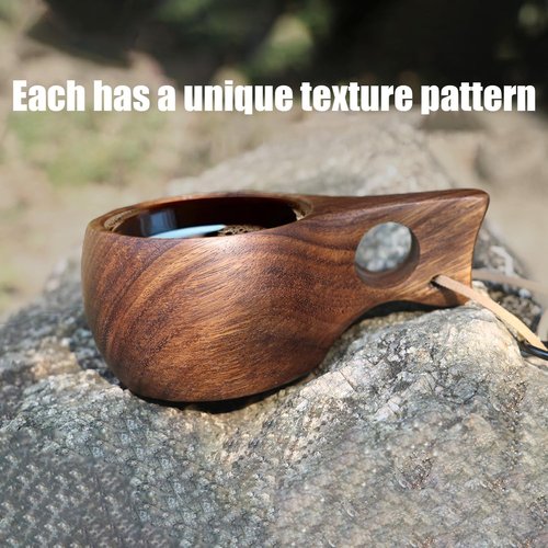 Flimjibg Coffe Mug Portable Wooden Camp Cup with Handle Kuksa Handmade Cool Hot Drinking Viking Mug Unique Natural Wood Grain for Outdoor Travel Hiking Men Women