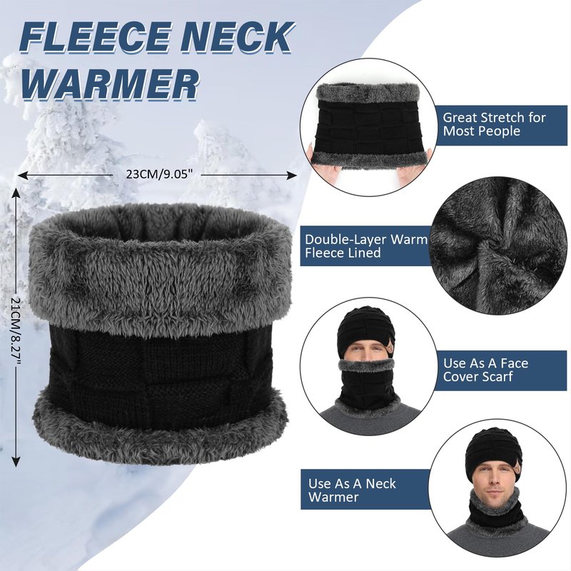 Mens Winter Beanie Hats Scarf Set Warm Knit Skull Cap Neck Warmer with Fleece Lined Winter Hat for Women Pure Black