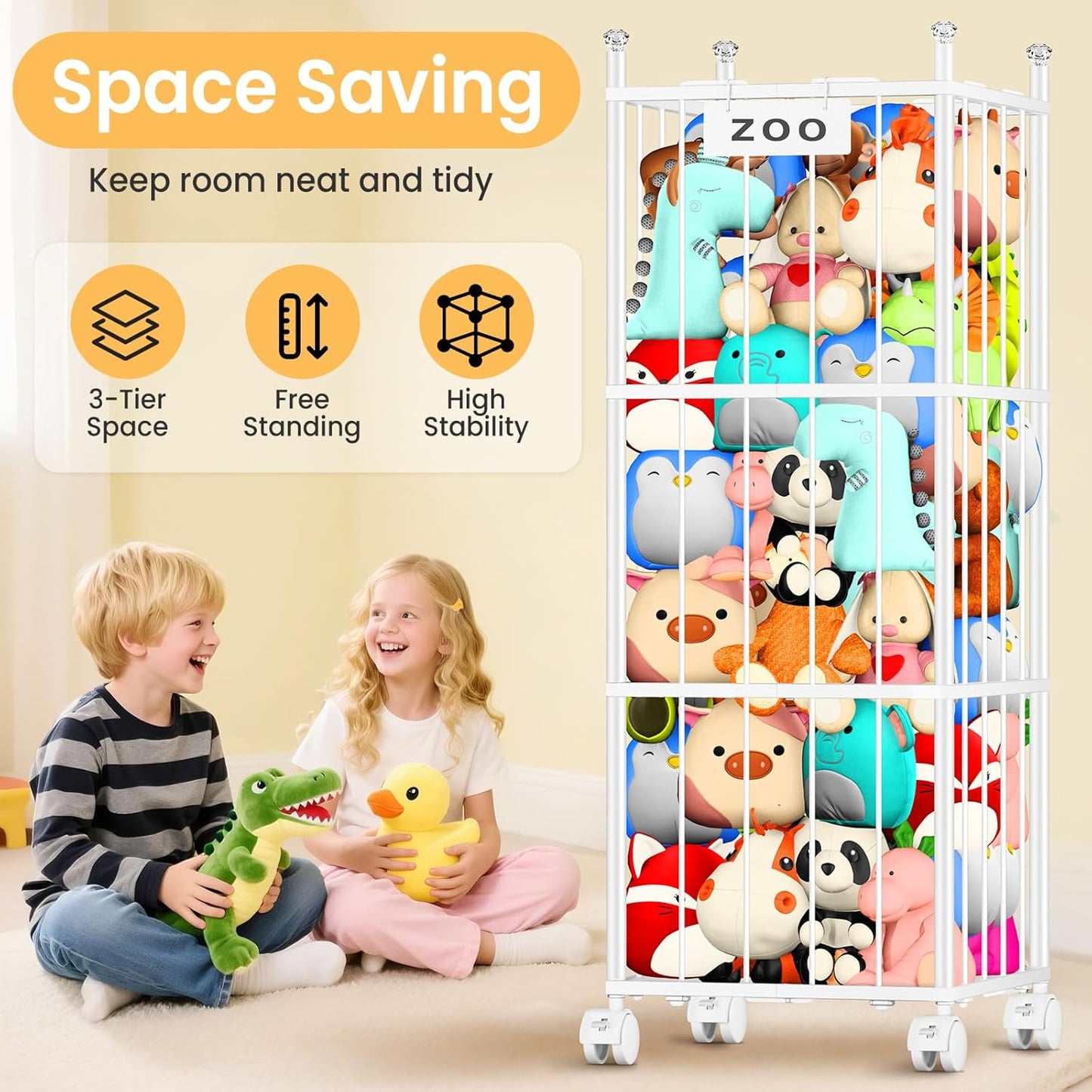 TomCare Extra Large Stuffed Animal Storage - Space-Saving Organizer with 4 Lockable Wheels for Playroom/Bedroom