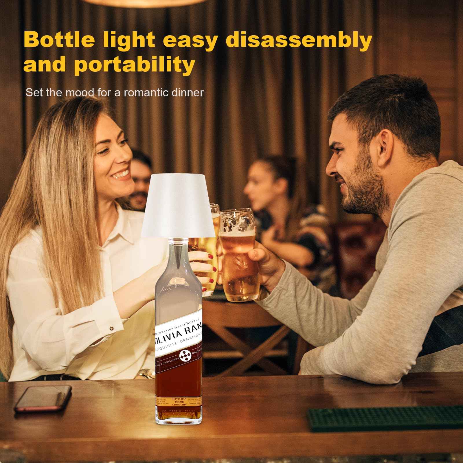 SOUDFK Wireless Bottle Lamp,2025 New 3 Color Rechargeable Wine Bottle Lights for Bars Restaurants (White, 1pc)