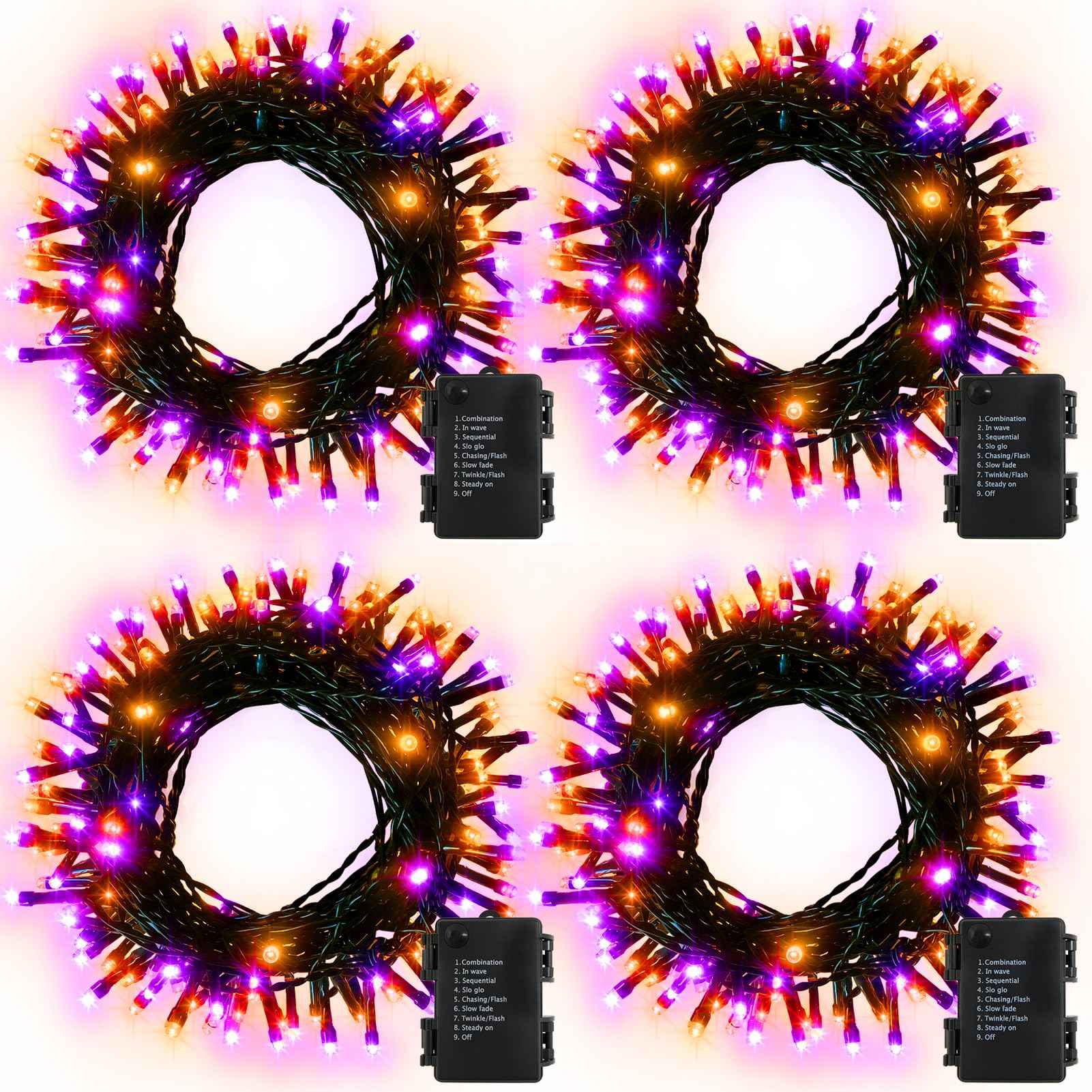 DealBeta 4 Pack Orange Purple Halloween String Lights Battery Operated, Each 16.4Ft 50 LED Indoor Halloween Lights with Timer 8 Modes for Party Yard Patio Decoration