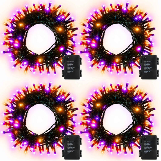DealBeta 4 Pack Orange Purple Halloween String Lights Battery Operated, Each 16.4Ft 50 LED Indoor Halloween Lights with Timer 8 Modes for Party Yard Patio Decoration