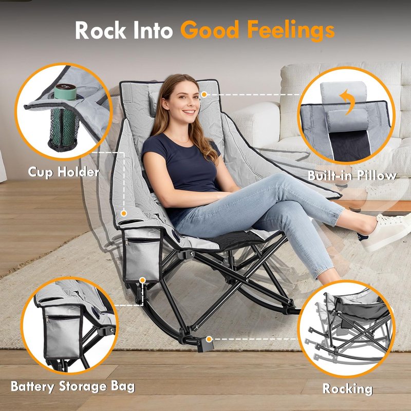 Slendor Oversized Camping Chair with 2000mAh Power Bank, Padded & Pillow Heated Rocking Chair, 3 Adjustable Heat Settings Camping Rocker Chair for Easy Setup and Foldable Storage, Gray