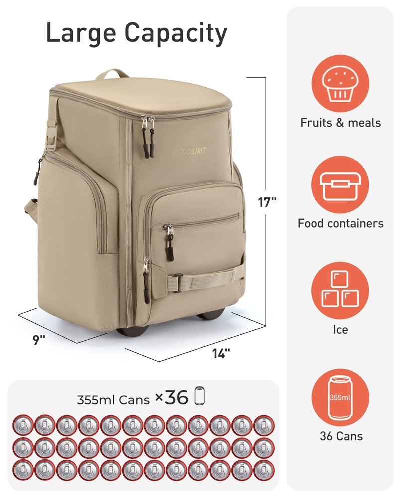 TOURIT Rolling Cooler Backpack: Leakproof Waterproof Insulated 36 Cans Beach Cooler with Wheels and Handle Outdoor Camping Picnic Travel Black