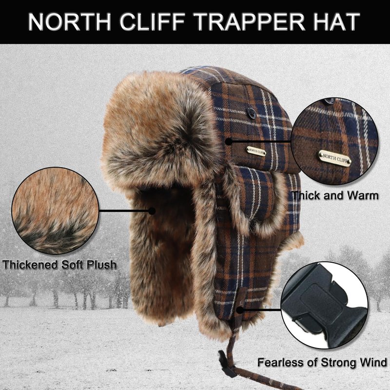 NORTH CLIFF Unisex Winter Trapper Hat Cold Proof Keep Warm Hat with Ear Flaps for Hunting Skiing Trooper Winter Outdoor Activities (Candy Series-Brown, L, 23IN)
