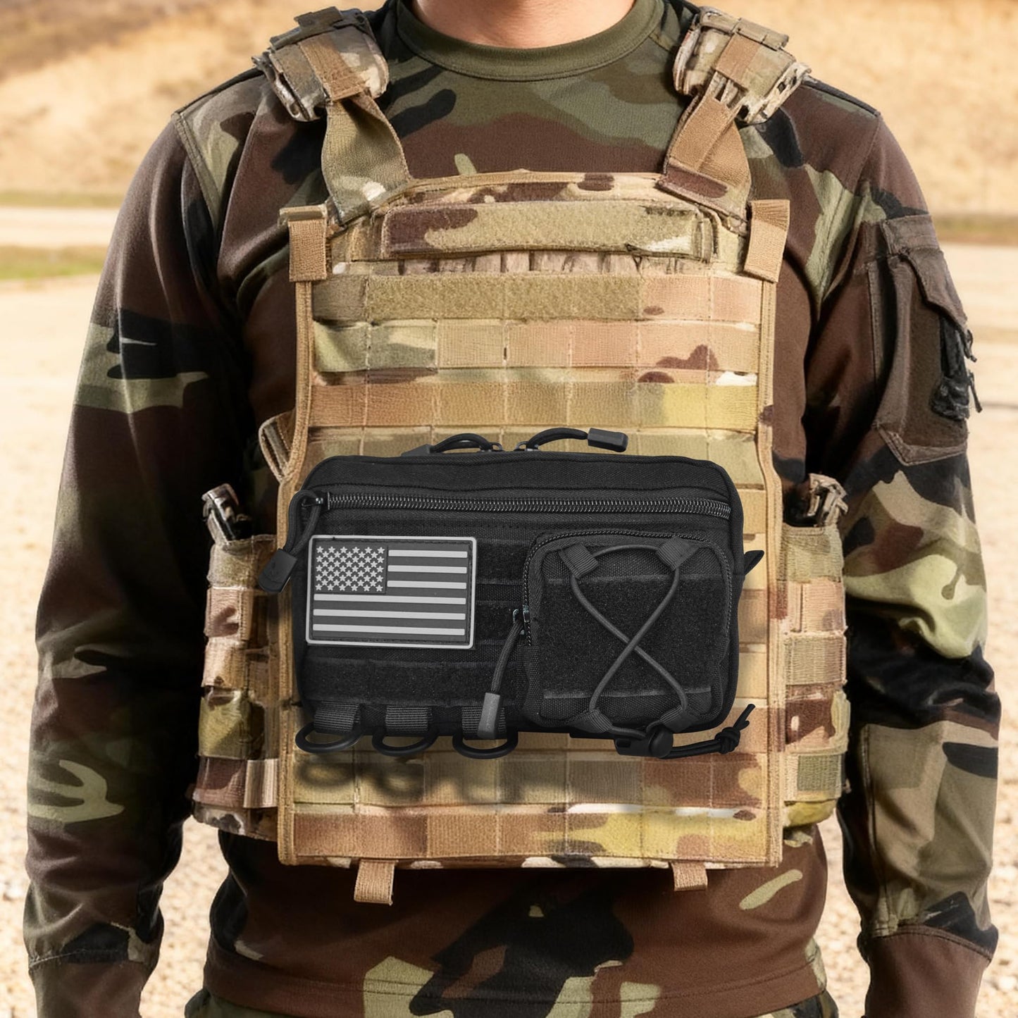 Tactical Molle Admin Pouch, Multi-Purpose EDC Tool Organizer Fits Tactical Rucksack Combat Vest with US Flag Patch(Black)