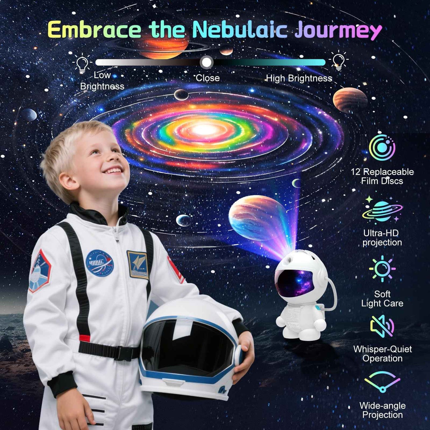 SHJQJJLBCQ Space Galaxy Night Light Projector, Ultra-HD Astronaut Design, 12 Film Discs, LED Display with Adjustable Brightness