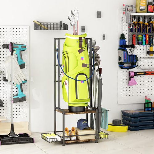 GILLAS Golf Bag Garage Storage Rack, Organizer for Single Golf Bag and Equipment Accessories, Ideal for Home, Garage, Club, Shed, Basement - Sturdy Wood and Metal Construction (Black)