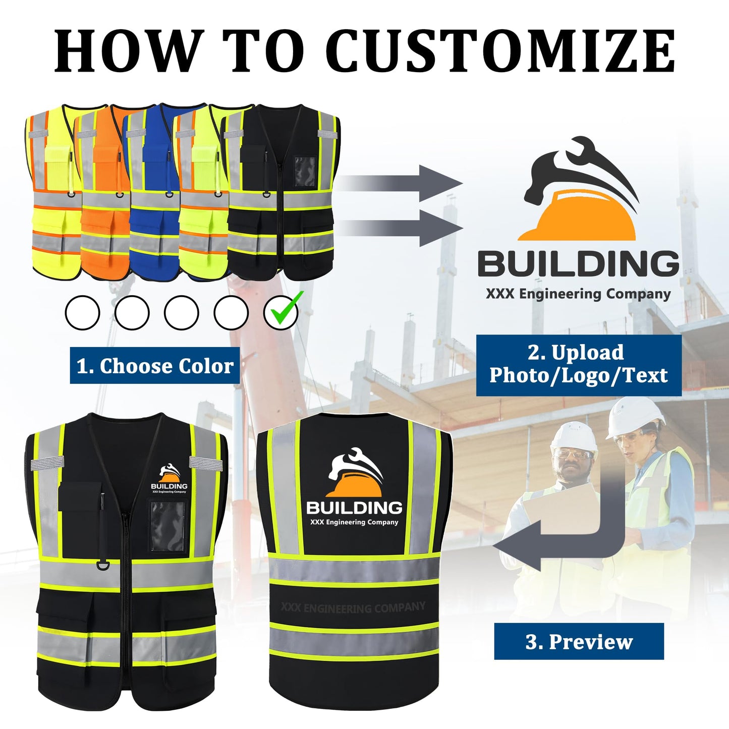 Safekim Custom Safety Vest with Logo, High Visibility Reflective Black Personalized Safety Vest for Men Women, Customized Construction Work Vest with Pockets and Zipper