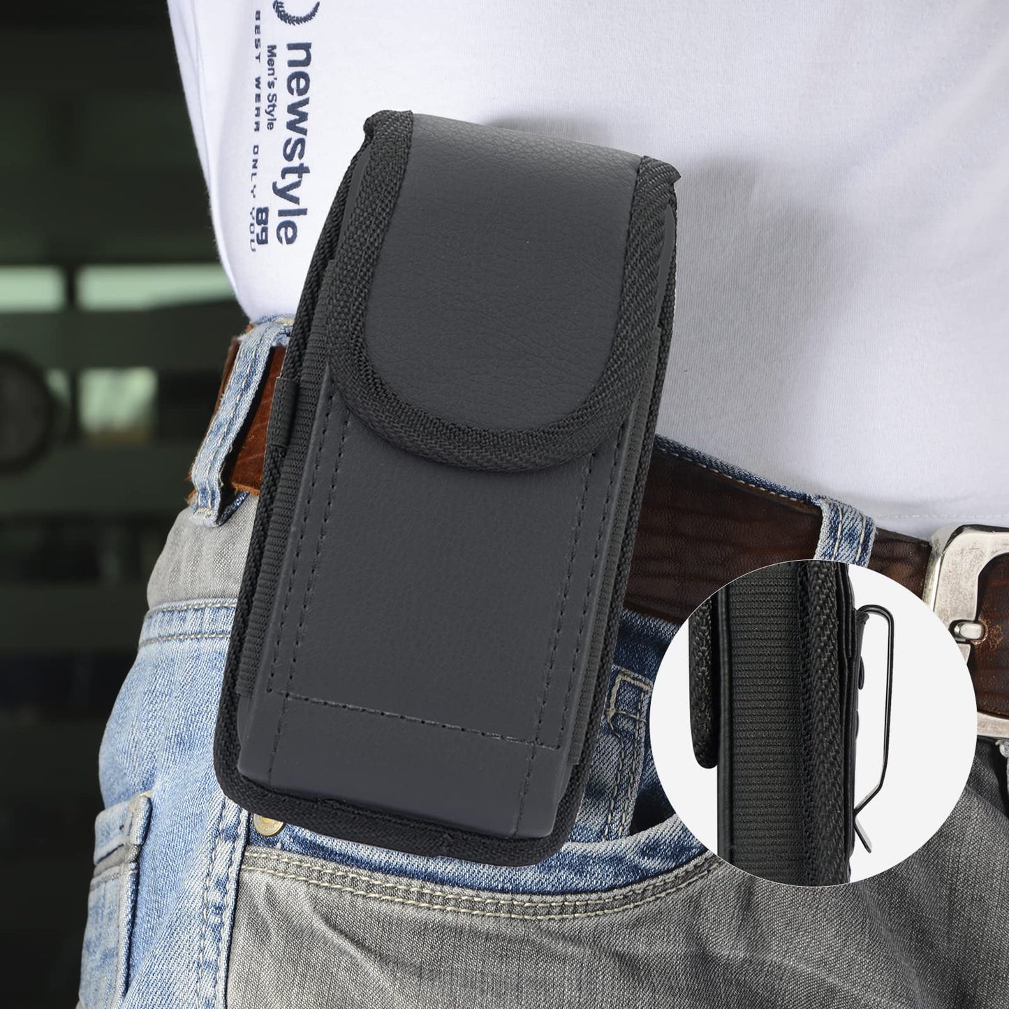 Case for Omnipod 5 Receiver/Controller, Vegan Leather Vertical Holster Holder with Metal Clip and Secure Belt Thread Harness - Black