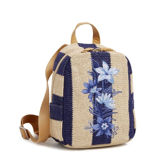 Mini Straw Backpack, Navy Stripe Straw, One Size