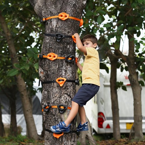 TOPNEW 20 Ninja Tree Climbing Holds for Kids Climber, Orange & Black Tree Climbing Kit with 6 Ratchet Straps for Outdoor Ninja Warrior Obstacle Course Training