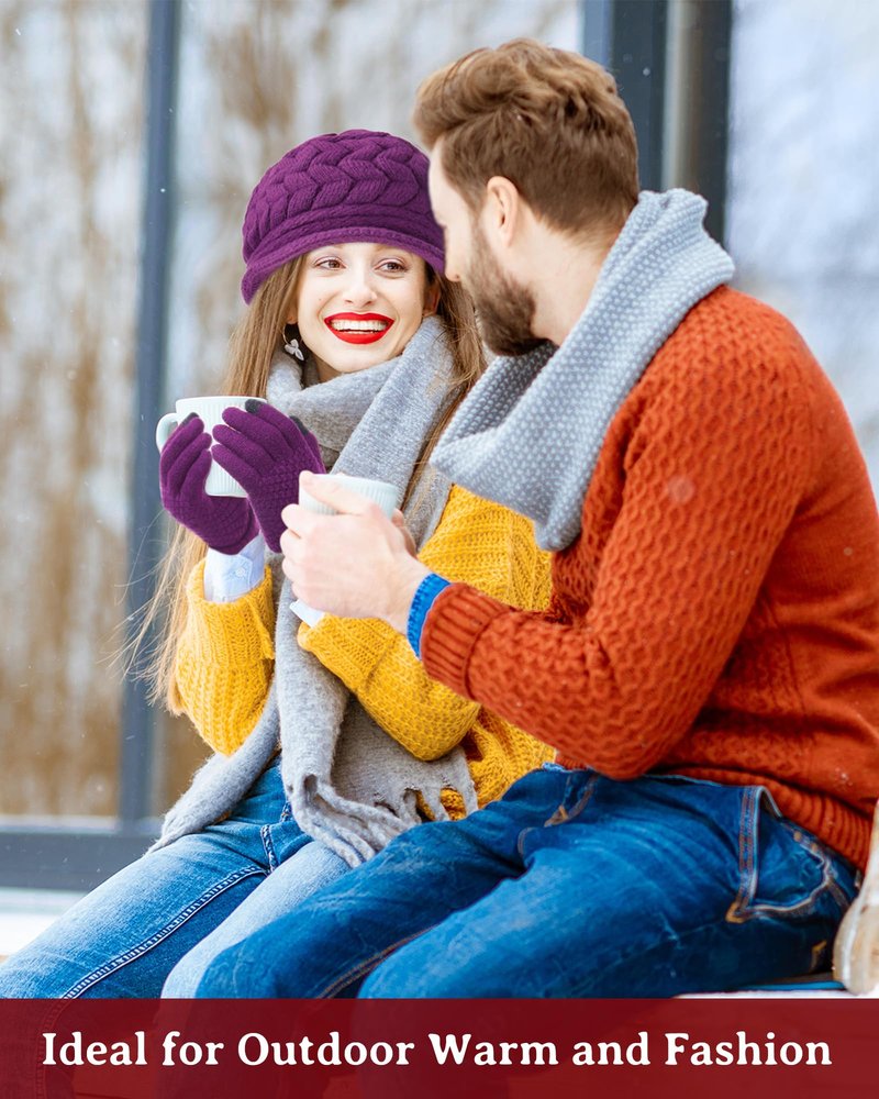 Newcotte 8 Pcs Women Hats Gloves Winter Set, Warm Cap Beanie Hat Knit with Visor Snow Ski Caps and Touch Screen Gloves (Black, Purple, Navy Blue, Dark Khaki)
