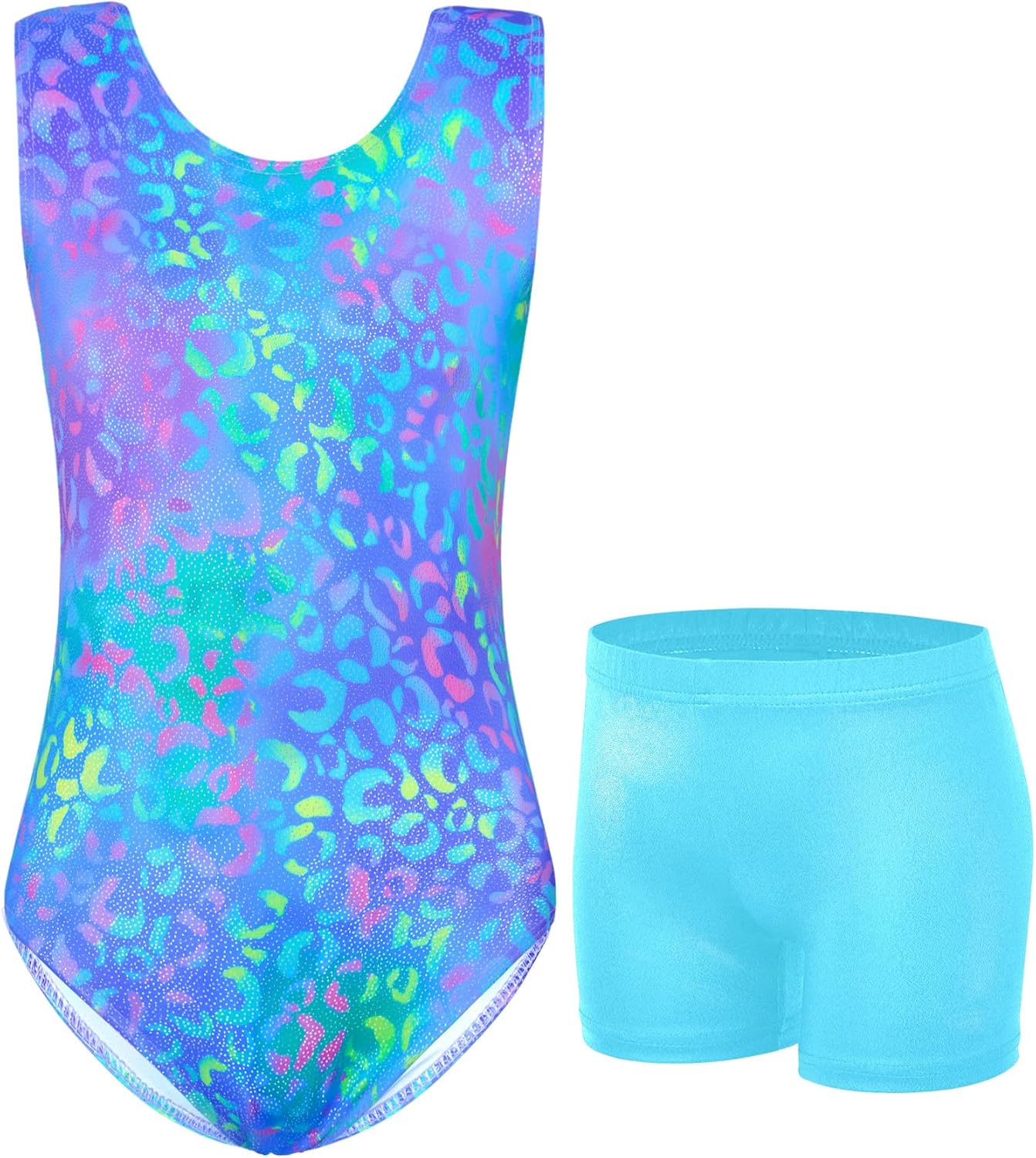 Skiennix Gymnastics Leotards for Girls - Shiny 2-Piece Sleeveless Set with Shorts (Ages 4-12)