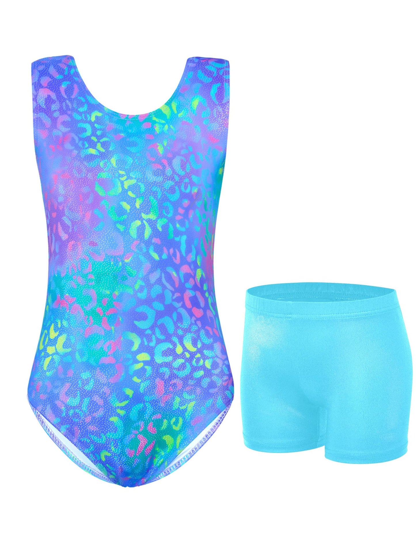 Jinhiteam Gymnastics Leotards for Girls 7-8 Years Old Shiny Blue Leopard Workout Bodysuits with Shorts Kids Athletic Outfits