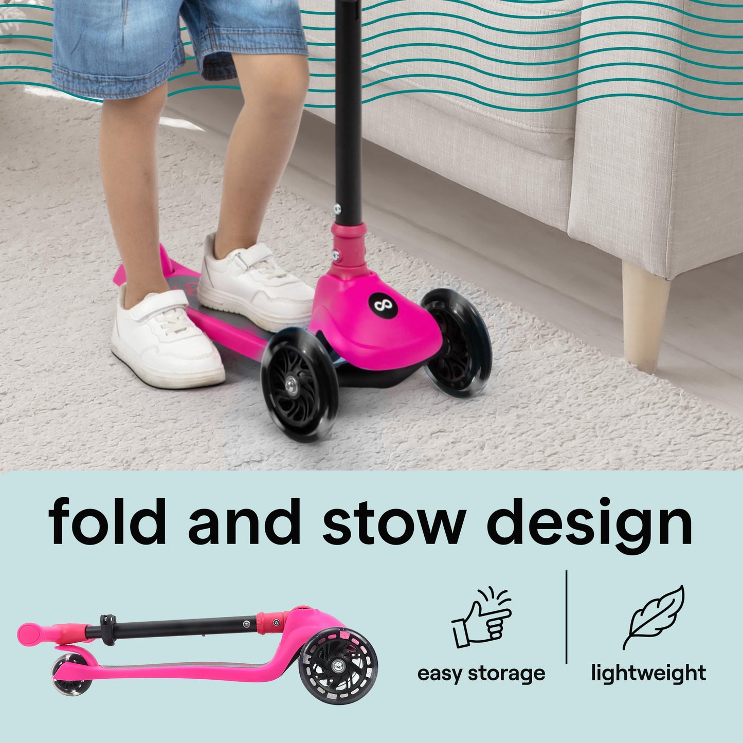 SereneLife 3 Wheel Scooter for Toddlers & Kids, Foldable Seat, LED Wheels, Adjustable Handlebar, Anti-Slip Deck, Rear Foot Brake, Lean-to-Steer, Kid Scooter Ages 18M–7Y, Supports up to 110 lbs