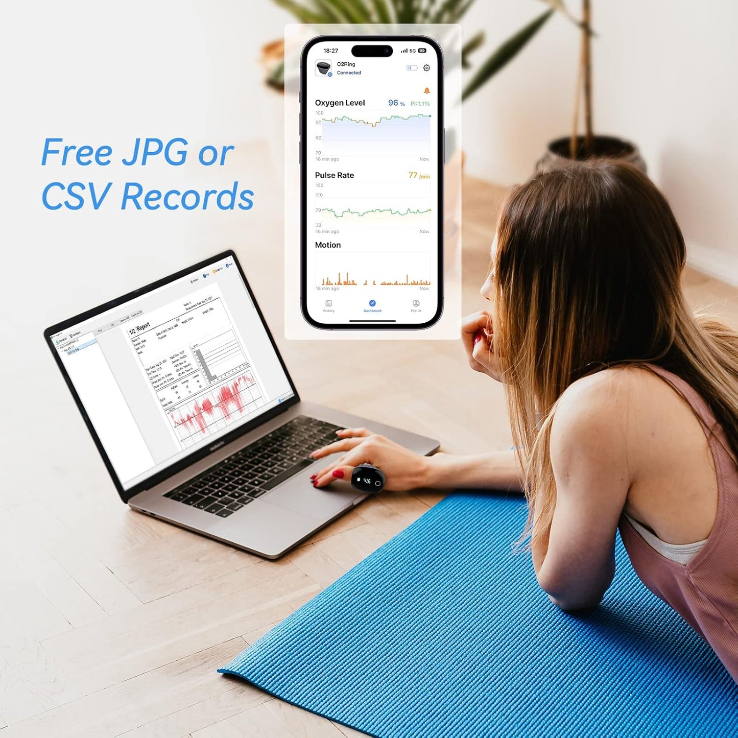 Wellue O2Ring Pulse Oximeter - Bluetooth Rechargeable Oxygen Monitor with Reminder | Continuous Tracking of Oxygen Levels and Pulse Rate
