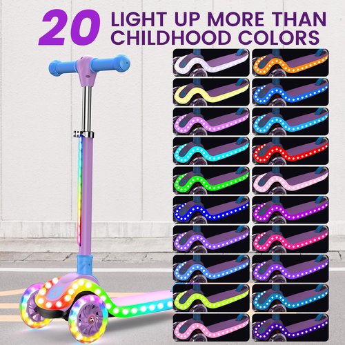 Kidscoter 3 Wheel with Light Patterns, Adjustable Height Foldable Scooter for Boys Girls Ages 3-12, Light-Up Handlebars & Deck, 130lbs Weight Limit, Gift for Toddlers, Pink/Blue/Purple (Purple-Light)