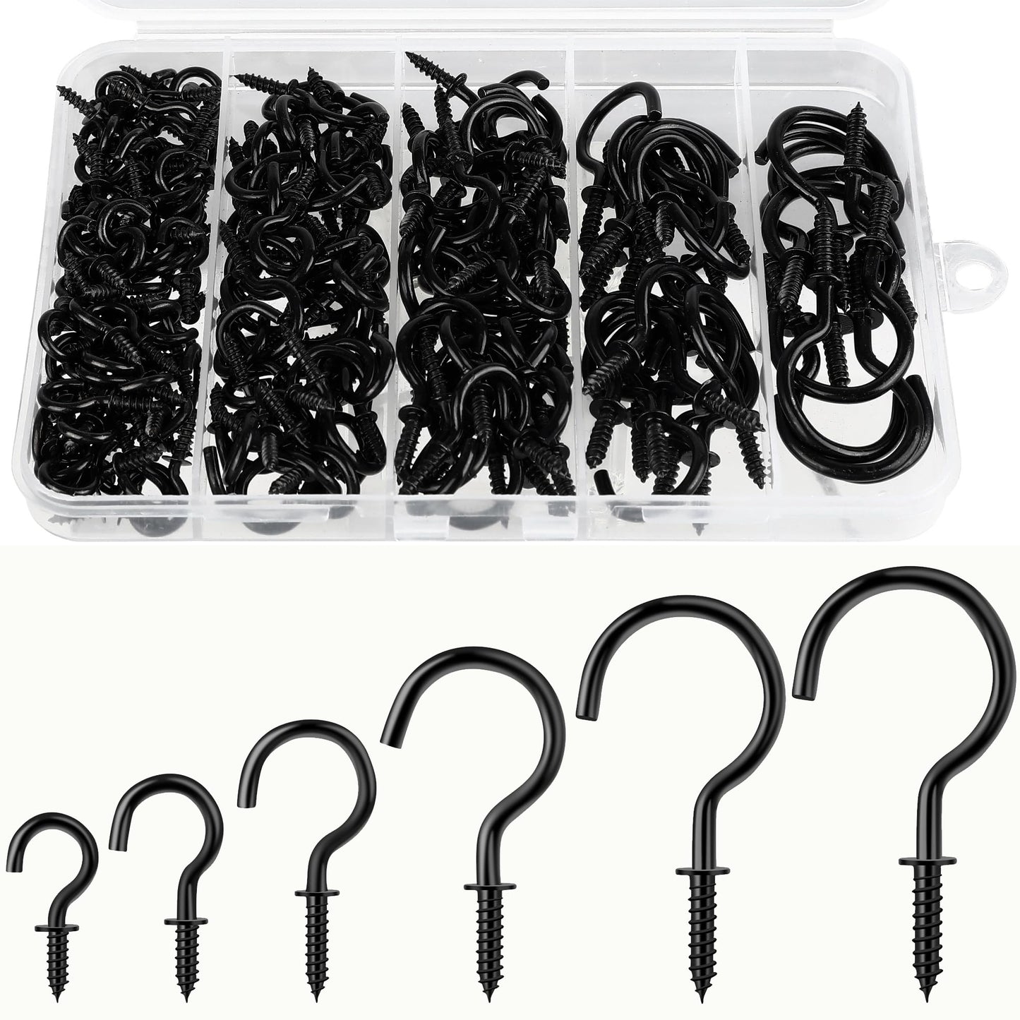 LayHyand 200 Pcs Screw Hooks kit,6 Sizes Vinyl Coated Ceilling Wall Cup Hook for Hanging Plant, Mug, Coffee Cups, String Light Decors, Indoor & Outdoor, Black (1/2in, 5/8in,3/4in,7/8in,1in,1-1/4in)