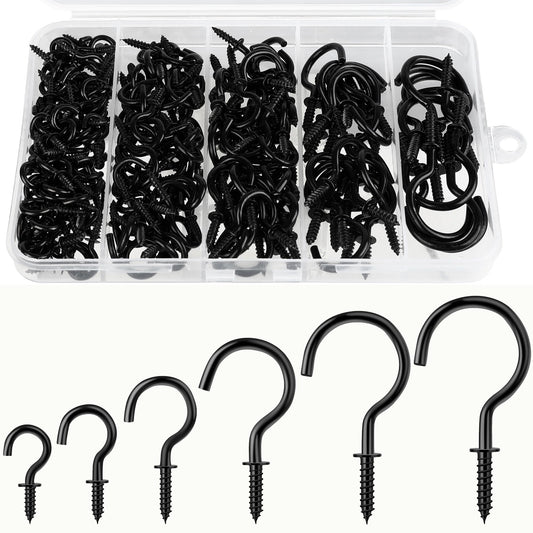 LayHyand 200 Pcs Screw Hooks kit,6 Sizes Vinyl Coated Ceilling Wall Cup Hook for Hanging Plant, Mug, Coffee Cups, String Light Decors, Indoor & Outdoor, Black (1/2in, 5/8in,3/4in,7/8in,1in,1-1/4in)