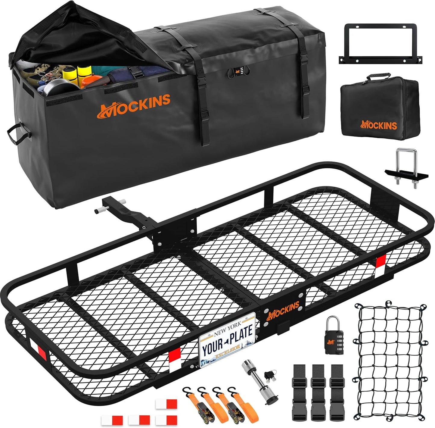 Mockins Folding Luggage Rack - 500 lb Capacity Steel Cargo Carrier for SUV/Truck | 60"x20"x6" with Waterproof Cargo Bag