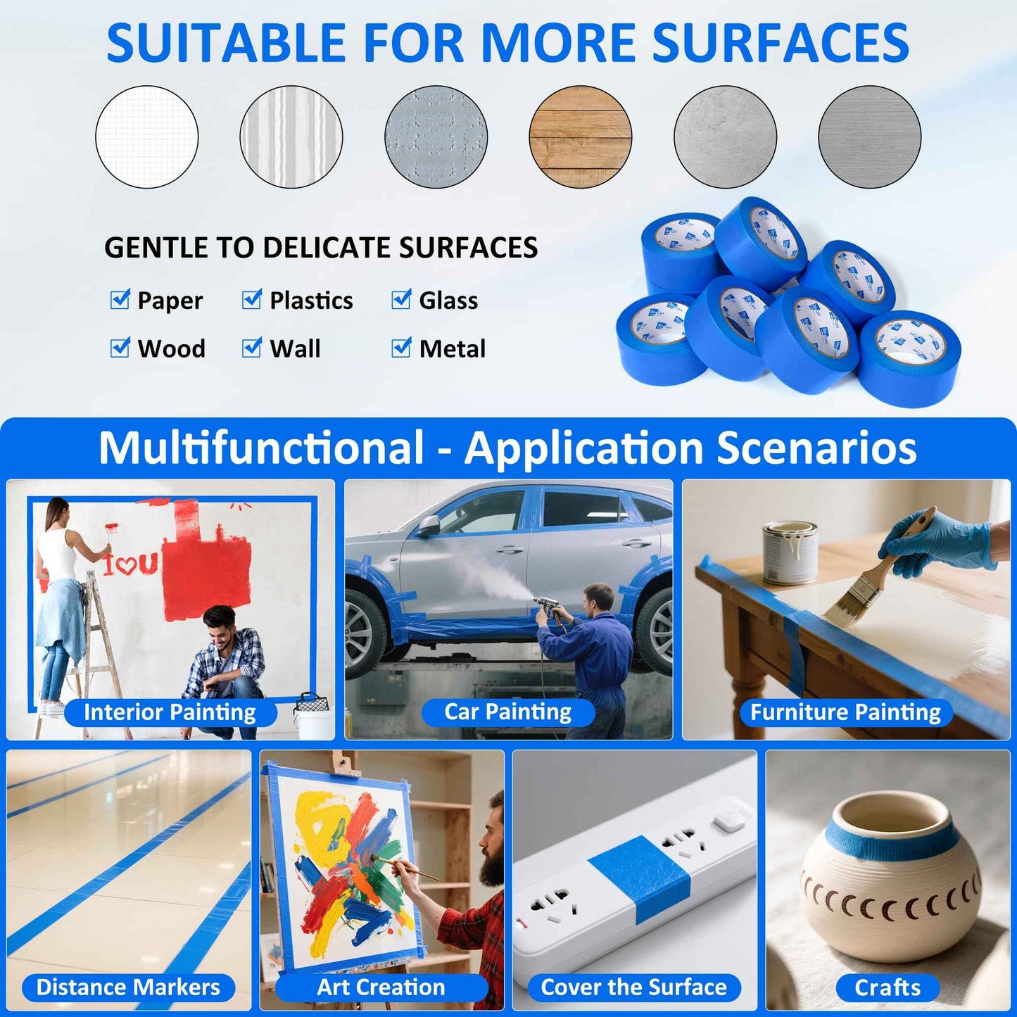 Re-Call Painters Tape 2 Inch Wide,24 Rolls Painting Tape,Blue Masking Tape 2 Inch 55 Yards,1320 Total Yards.