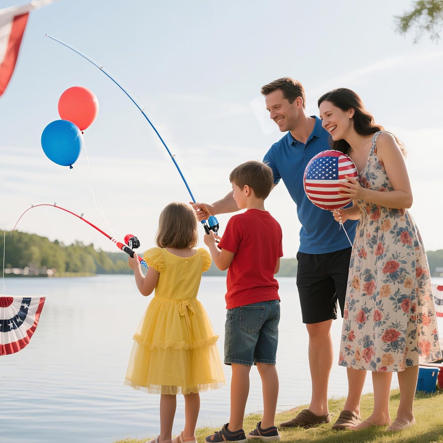 WIDDEN 4th of July Kids Fishing Pole, Portable Telescopic Toddler Fishing Pole for Boys and Girls, American Flag Youth Fishing Rod and Reel Combo with Full Starter Kits