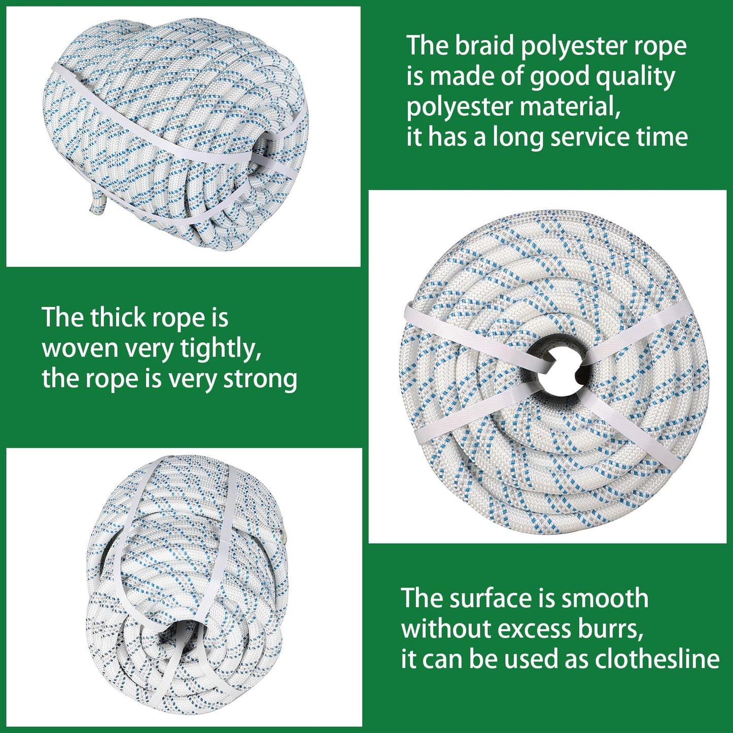 3/4 in 150 FT Braided Rope 16500 LBS Breaking Strength High Force Polyester Rope Suitable for Swing Camping Tree Work Arborist Rigging White Grey Blue