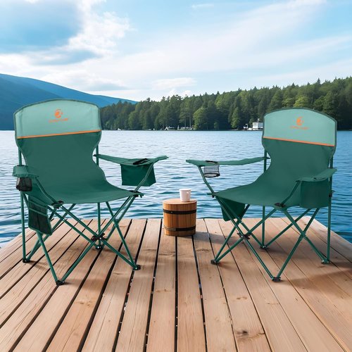 ALPHA CAMP Heavy Duty Camping Chair - 350LBS Capacity with Cooler Bag & Cup Holder | Portable Black 2PC Set