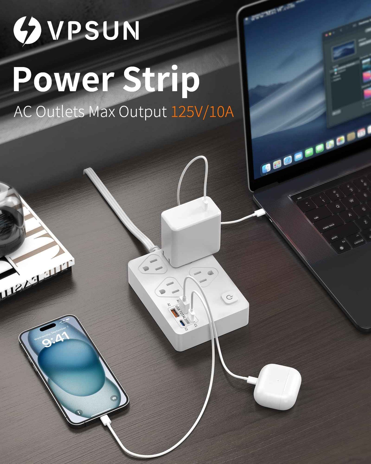 VPSUN Power Strip Surge Protector with 20W USB C Ports,6Ft Flat Plug Extension Cord Wall Mount 4 Outlets Extender,Fast USB Charging Station 1080J (White)