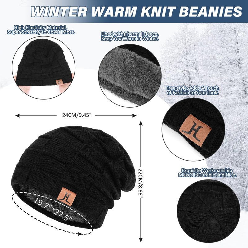 Mens Winter Beanie Hats Scarf Set Warm Knit Skull Cap Neck Warmer with Fleece Lined Winter Hat for Women Pure Black