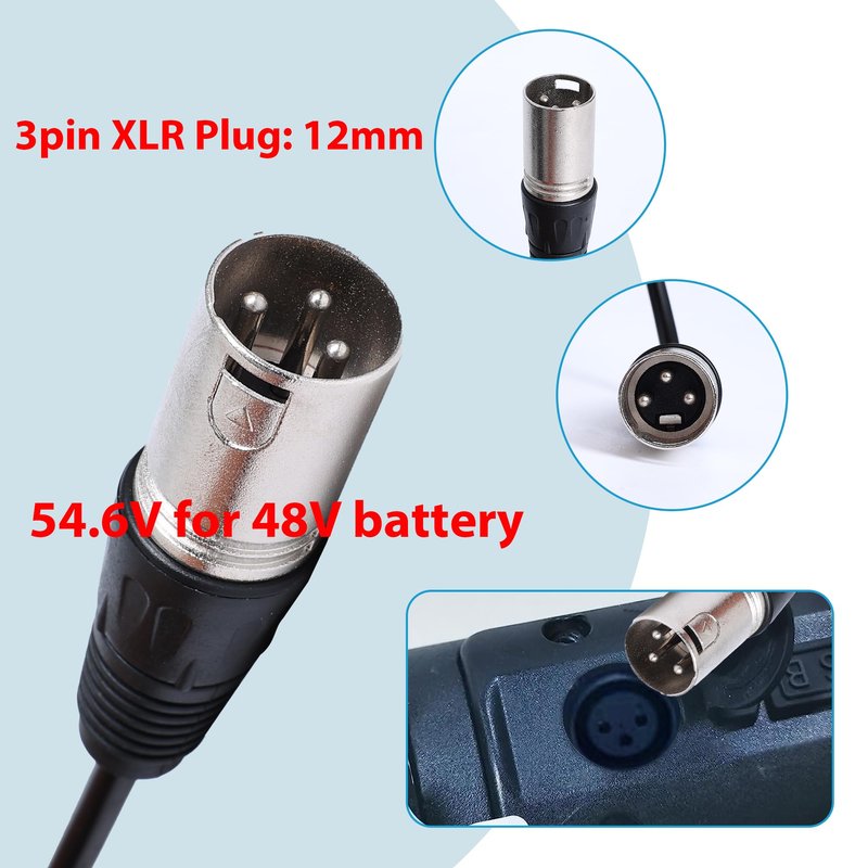 54.6V Fast Charger with XLR Plug - 13S 48V Lithium Battery Charger for Electric Bikes, Mobility Scooters