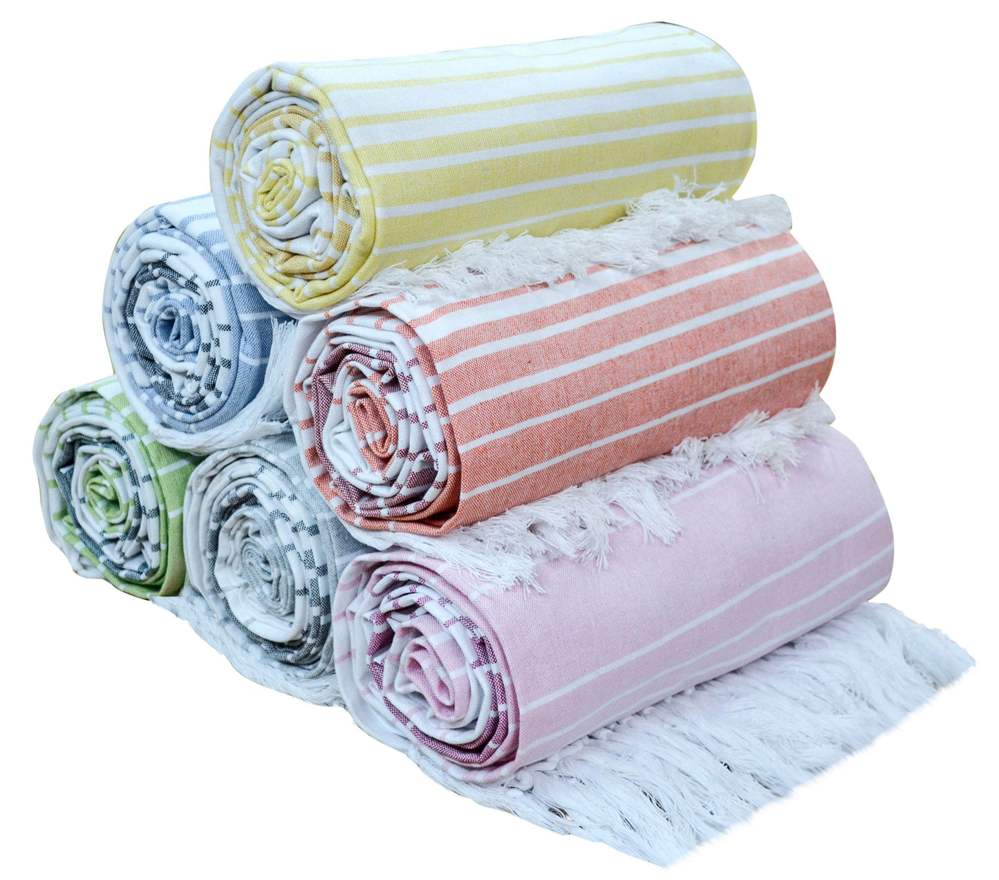 Native Fab Turkish Beach Towels - 6 Pack - Oversized 40"x71" - 100% Cotton, Lightweight, Thin, Quick Dry, Sand Free - Large Striped Towel for Adults, Travel, Bath, Swim, Camp - Multi 6 Colors